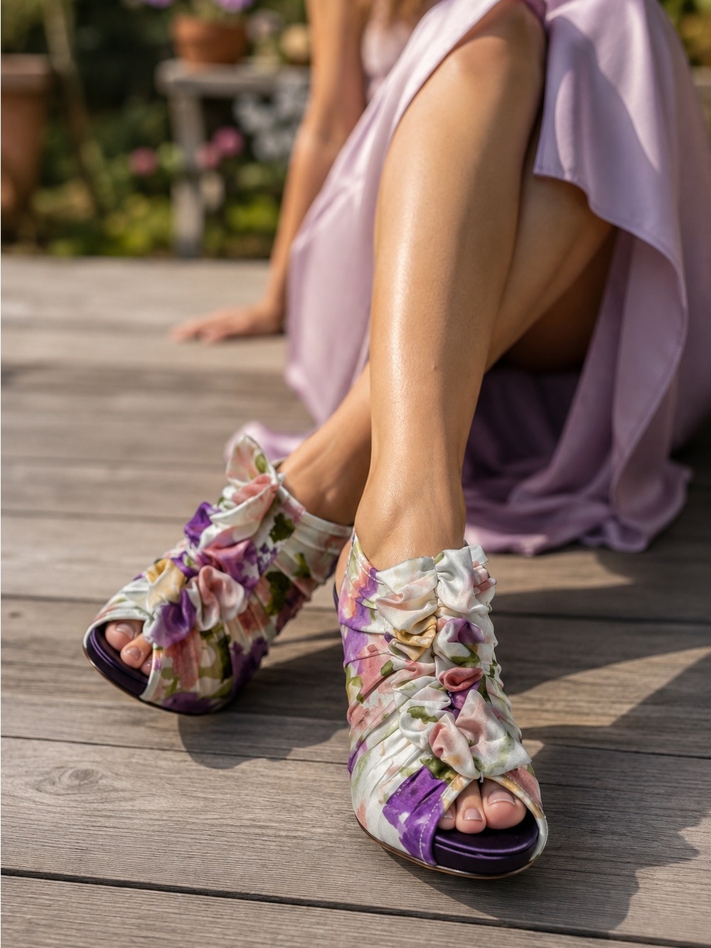 🌸 Jacqueline Ferrar Floral Peep Toe Heels Size 6M Satin Ruched Back Zip